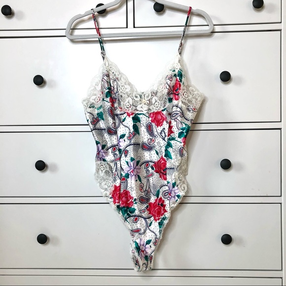 80s Vintage Floral Lace Bodysuit Lingerie Nightie